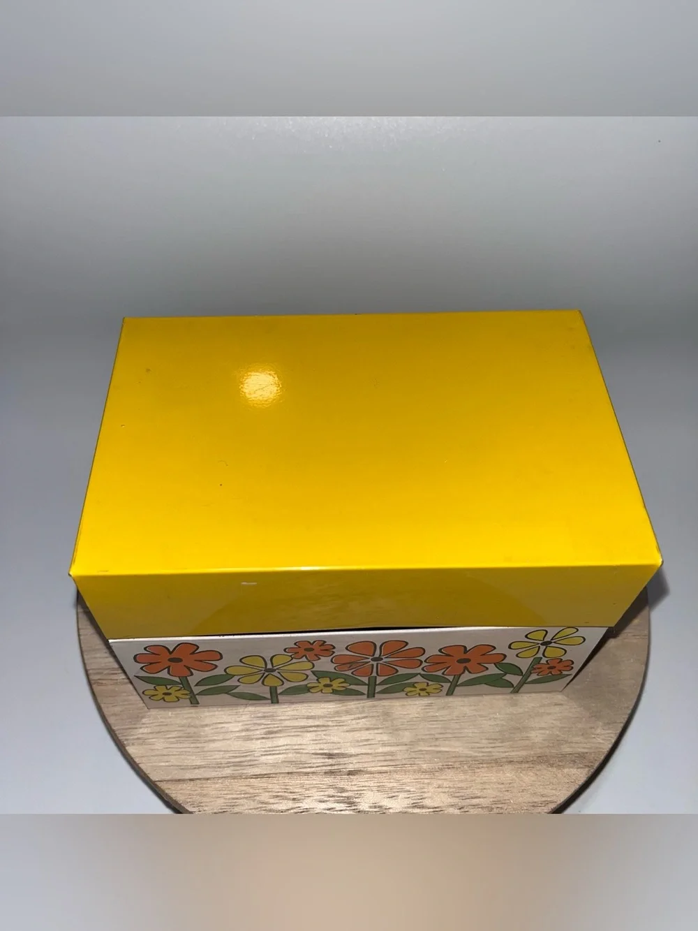 Rare Vtg Otagiri Stamped OMC Japan Metal Recipe Tin Mod MCM Yellow Flower Power